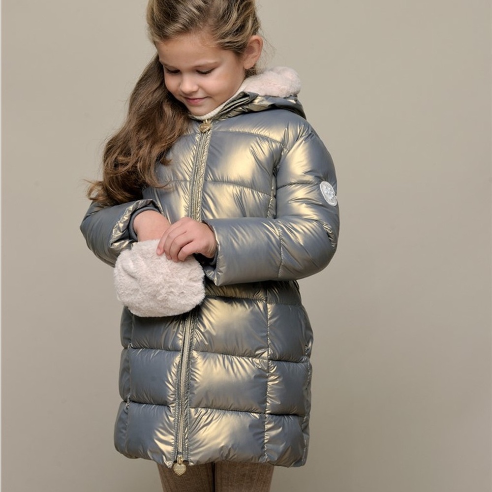 LE CHIC 🇫🇷 EUC Metallic Fur Lined Puffer Parka w/ Fur Belt Bag